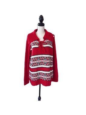 Red Fair Isle Sweater Apres Ski Cabincore Heritage Americana GH Bass & Co Large